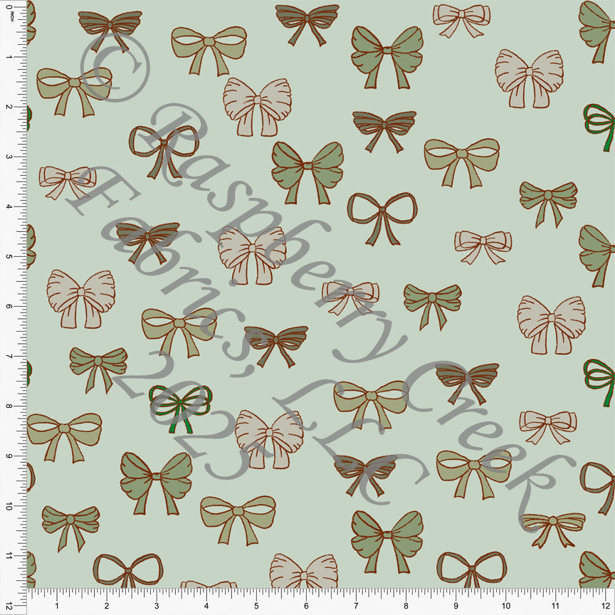 Tonal Sage Green Taupe and Brown on Light Sage Bow Print Fabric, Lucky Little Lassie by Bri Powell for CLUB Fabric