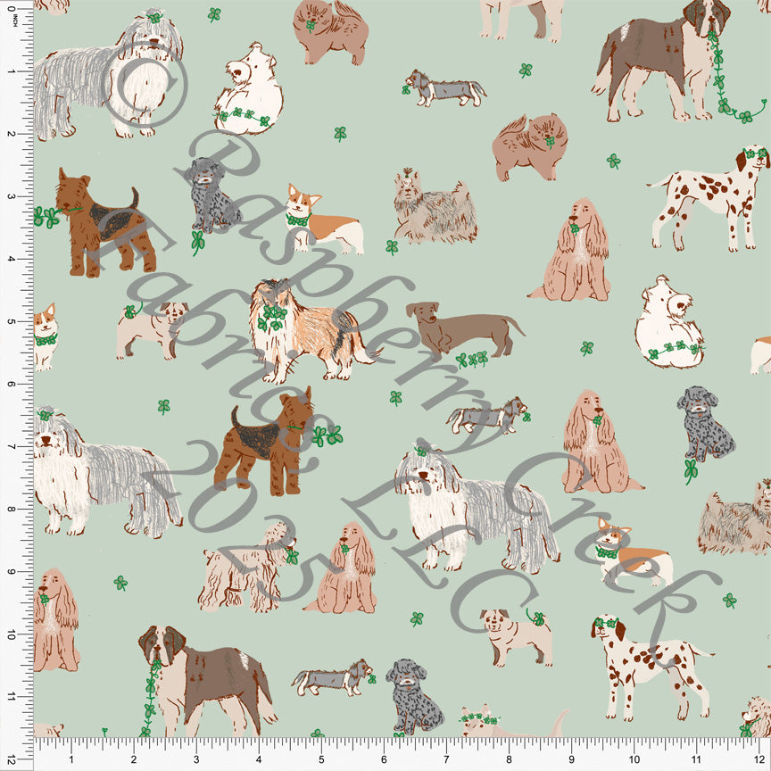 Tonal Taupe Brown Khaki Sage and Kelly Green on Light Sage Lucky Lassie Dog Print Fabric, Lucky Little Lassie by Bri Powell for CLUB Fabric