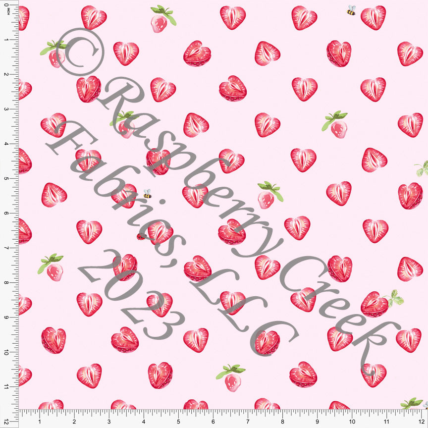 Pink Red and Kelly Green on Light Pink Strawberry Heart Print Fabric, My  Valentine by Bri Powell for CLUB Fabrics Fabric, Raspberry Creek Fabrics