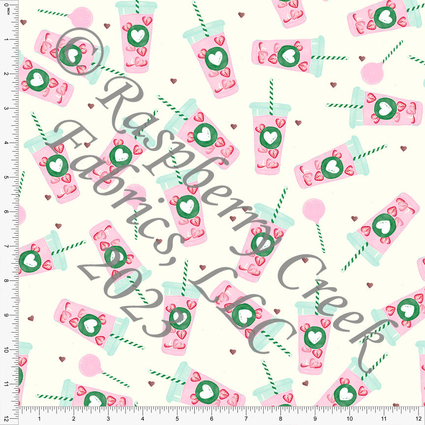 Pink Kelly Green Red and Brown on Cream Sweet Pink Drink Heart Print  Fabric, My Valentine by Bri Powell for CLUB Fabrics Fabric, Raspberry Creek  Fabrics