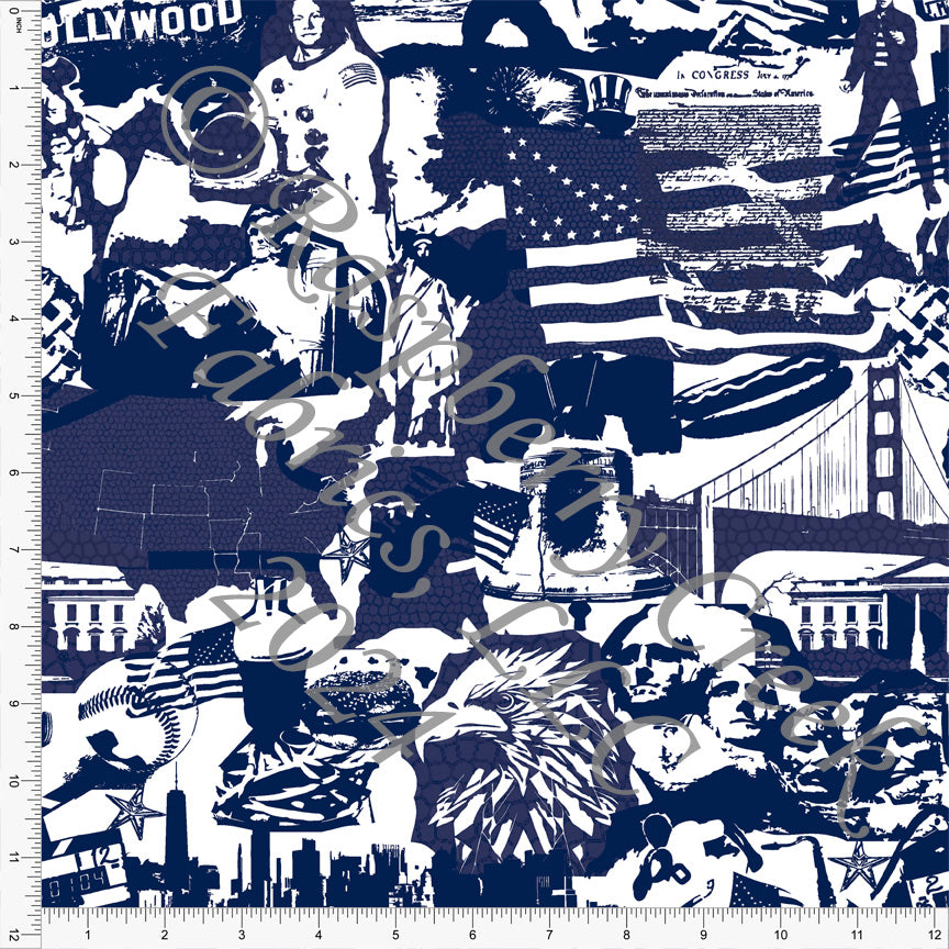 Tonal Navy Blue and White American Places Print Fabric, American Places by Elise Peterson CLUB Fabrics