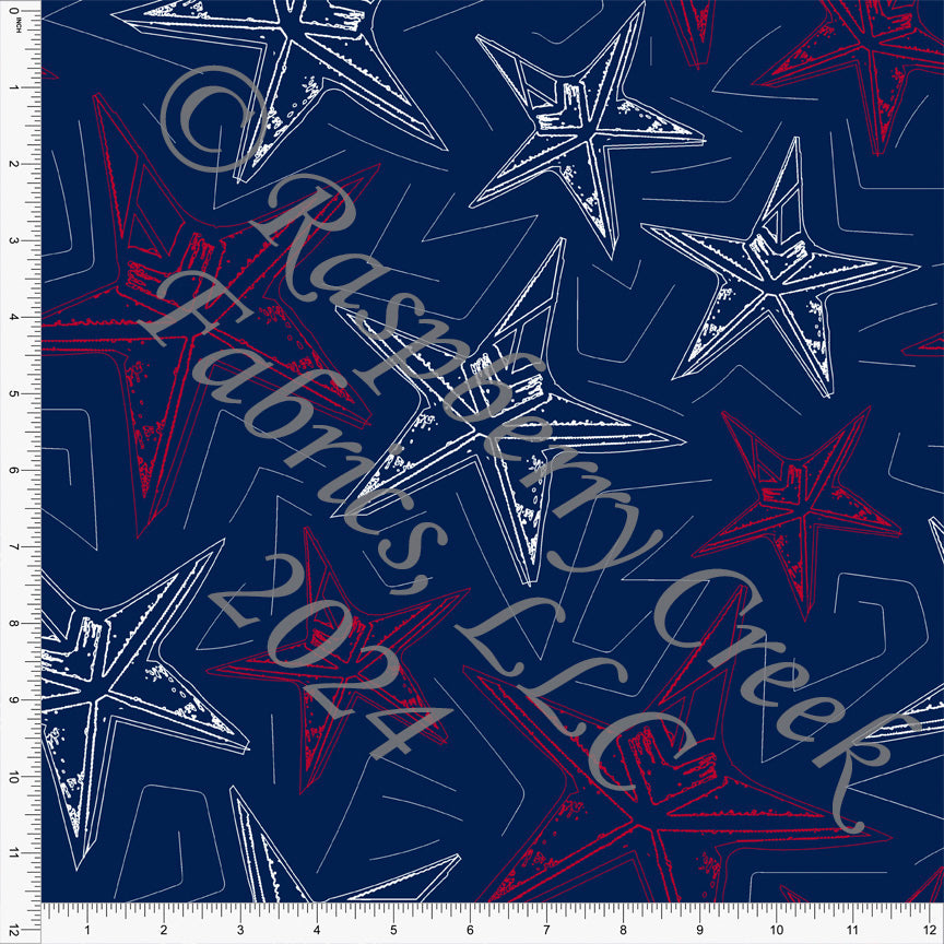 Navy Red and White Large Line Drawn Star Print Fabric, American Places by Elise Peterson CLUB Fabrics