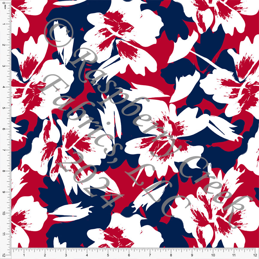 Navy Blue Red and White Large Abstract Floral Print Fabric, Seaside for CLUB Fabrics