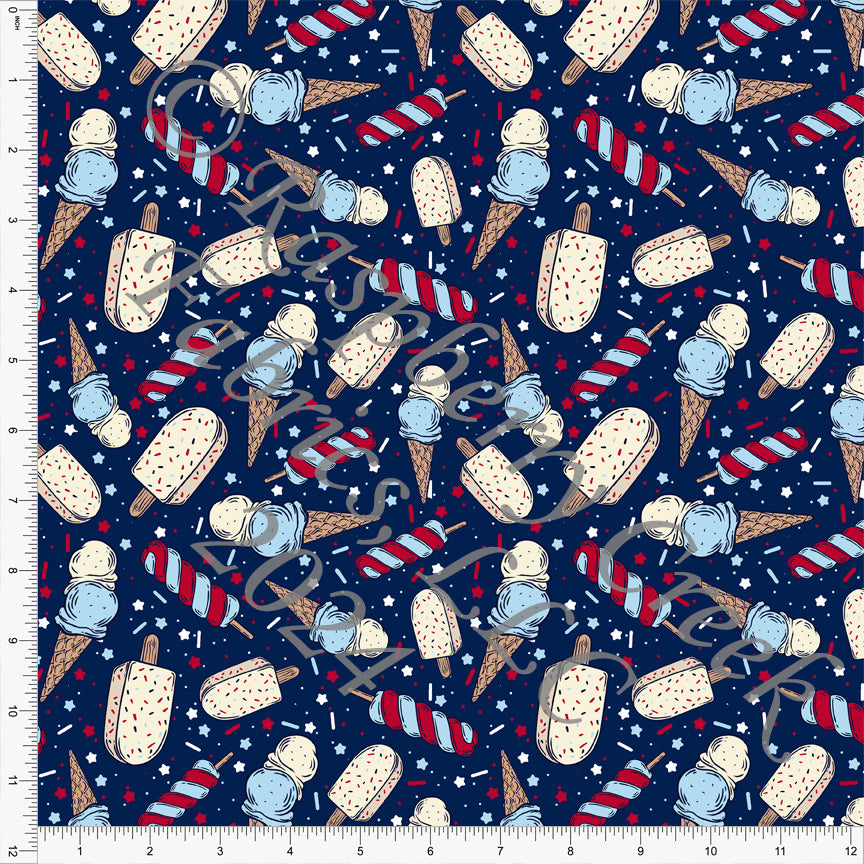 Navy Blue Red Light Blue and Cream Ice Cream Cone and Sprinkle Print Fabric, Seaside for CLUB Fabrics