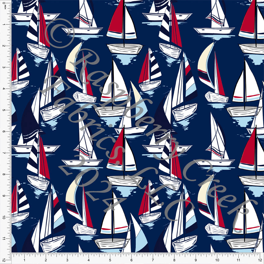 Navy Blue Red Light Blue and Cream Sailboat Print Fabric, Seaside for CLUB Fabrics