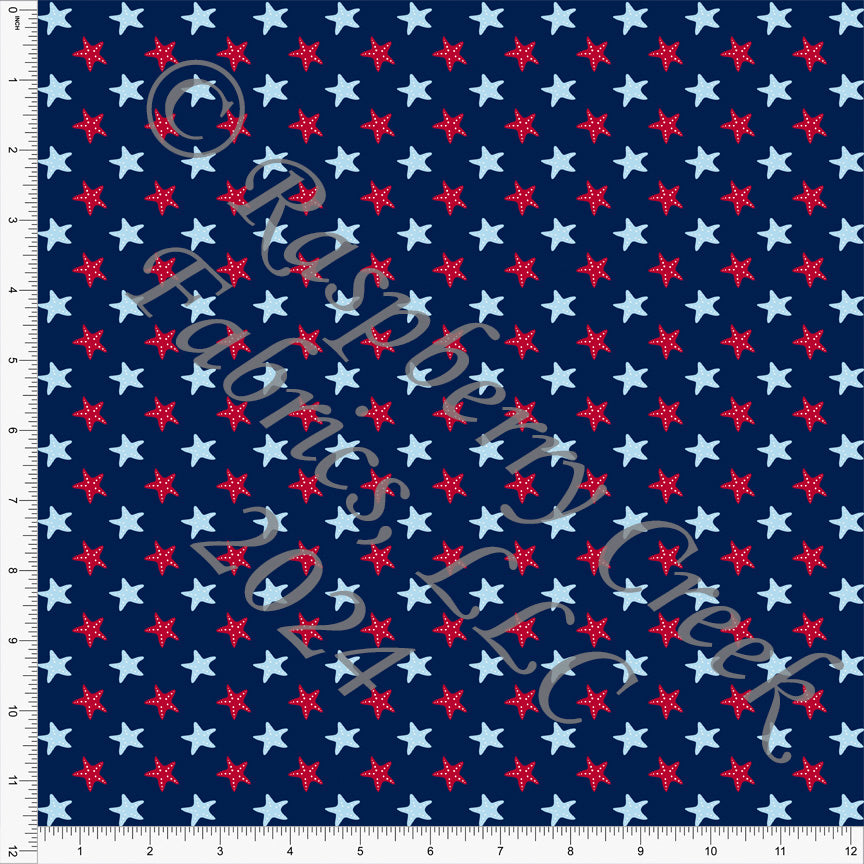 Navy Blue Light Blue and Red Starfish Print Fabric, Seaside for CLUB Fabrics