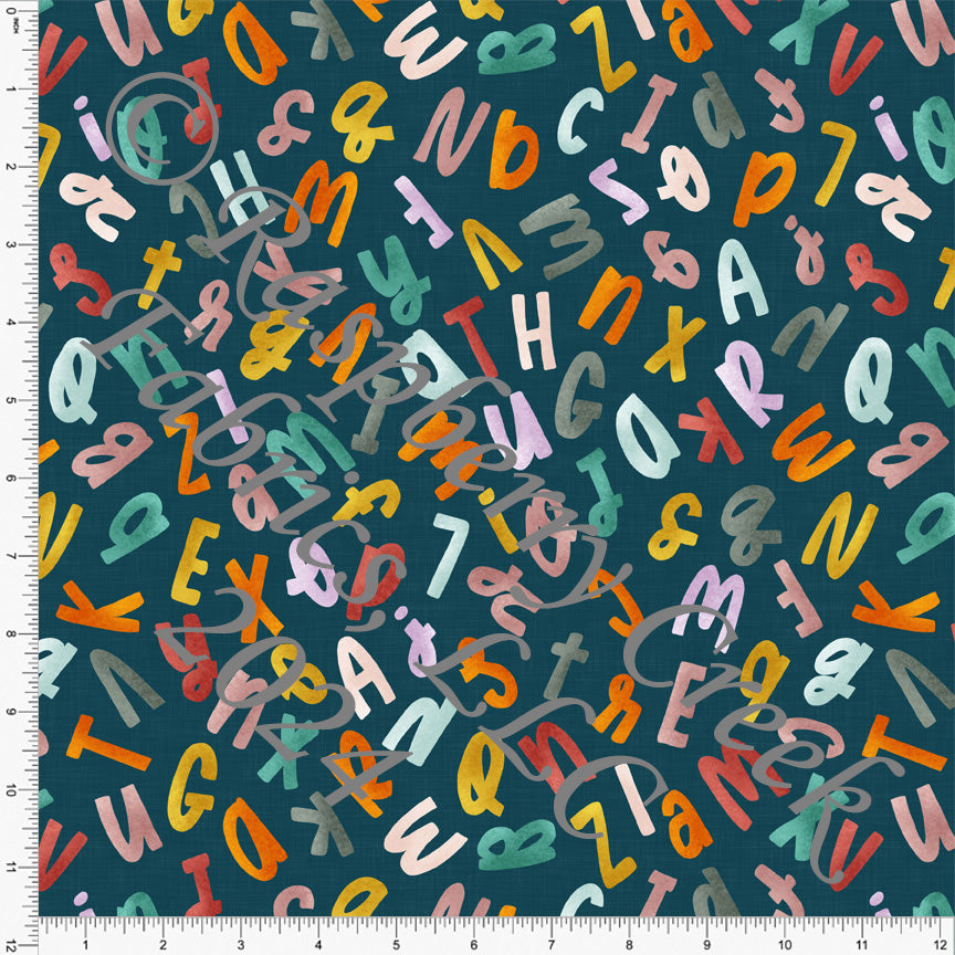 Light Hunter Green Orange Mustard Red Mauve and Deep Teal Tossed Letter Alphabet Soup Print Fabric, Back to School by Brittney Laidlaw for Club Fabrics