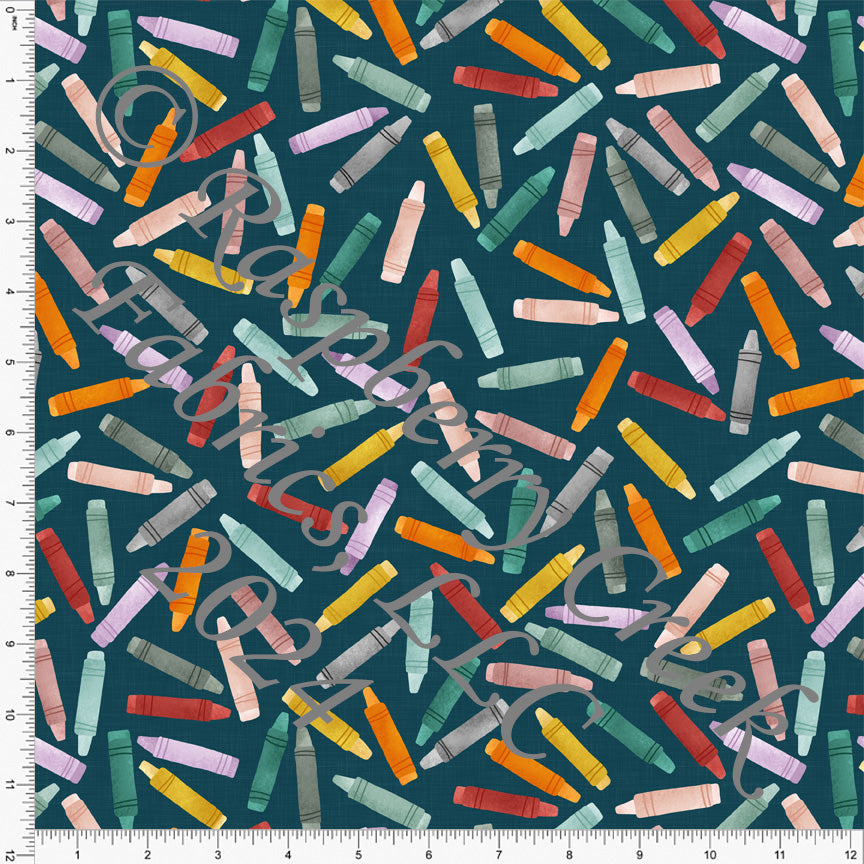 Light Hunter Green Orange Mustard Red Mauve and Deep Teal Tossed Crayon Print Fabric, Back to School by Brittney Laidlaw for Club Fabrics