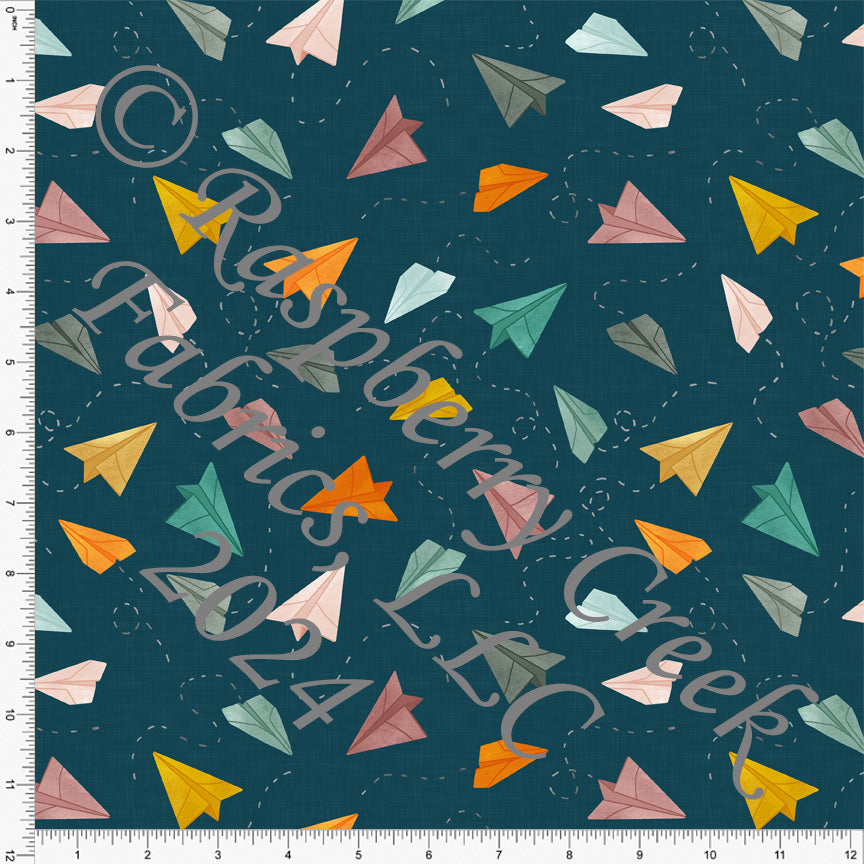 Light Hunter Green Orange Mustard Red Mauve and Deep Teal Tossed Paper Airplane Print Fabric, Back to School by Brittney Laidlaw for Club Fabrics