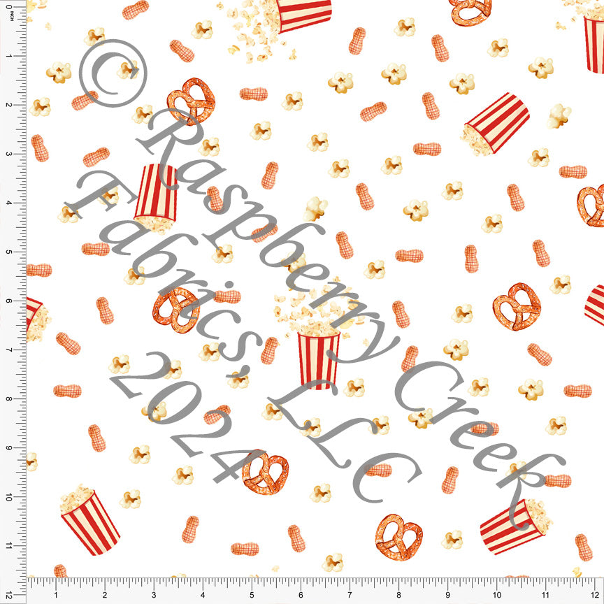 Yellow Brown Red and White Popcorn and Peanuts Ballpark Snacks Fabric, Ball Game by Bri Powell for CLUB Fabrics
