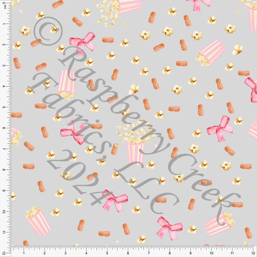 Grey Yellow Brown Pink and White Popcorn and Peanuts Ballpark Snacks Print Fabric, Ball Game By Bri Powell for CLUB Fabric