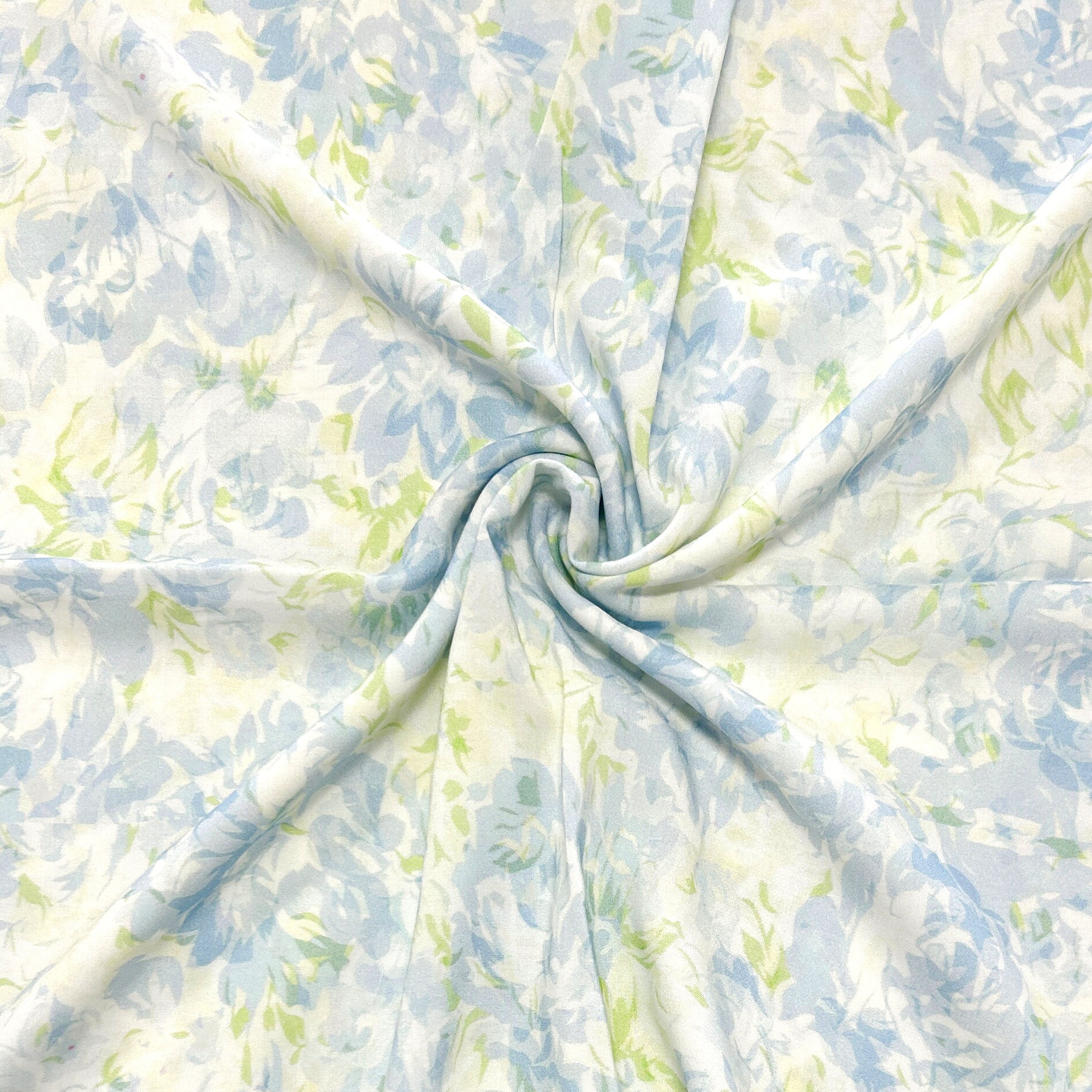 Tonal Blue Green and Cream Hydrangea Floral Print Rayon Challis, CLUB  Fabrics