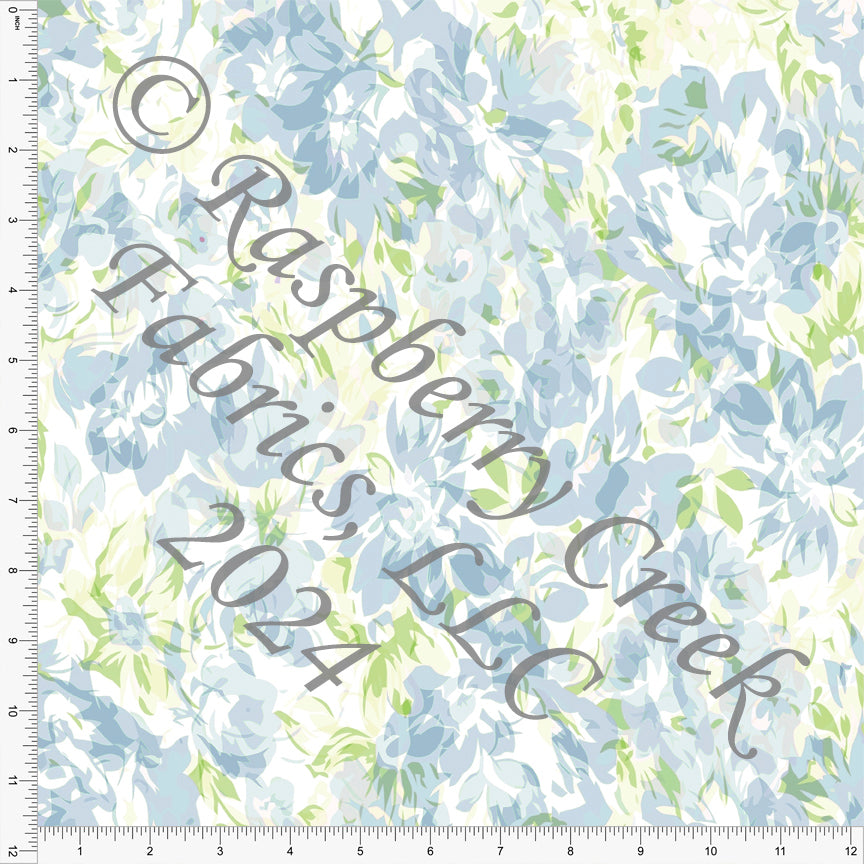 Tonal Blue Green and Cream Hydrangea Floral Print Rayon Challis, CLUB Fabrics