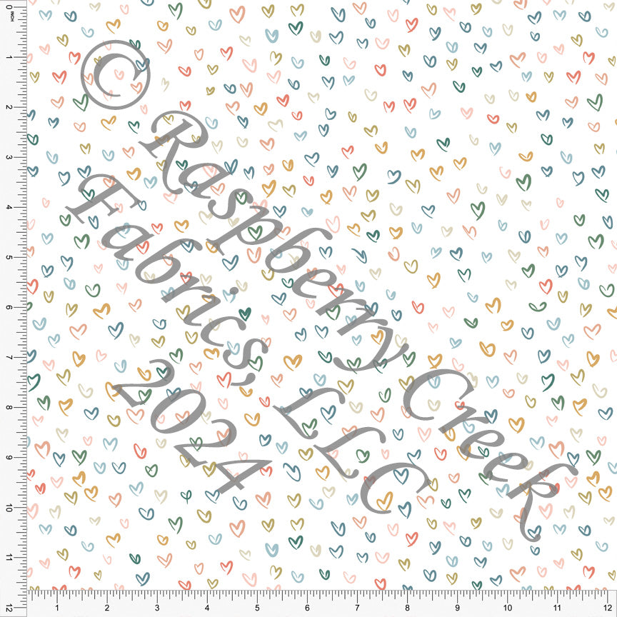Steel Blue Sage Coral Khaki and Hunter Open Line Drawn Heart Print Fabric, Boho Valentines By Brittney Laidlaw for CLUB Fabric