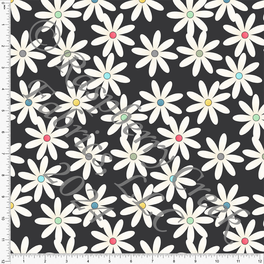 Charcoal White Yellow Salmon and Grey Daisy Print Fabric, Book Worm by Krystal Winn Design for Club Fabrics