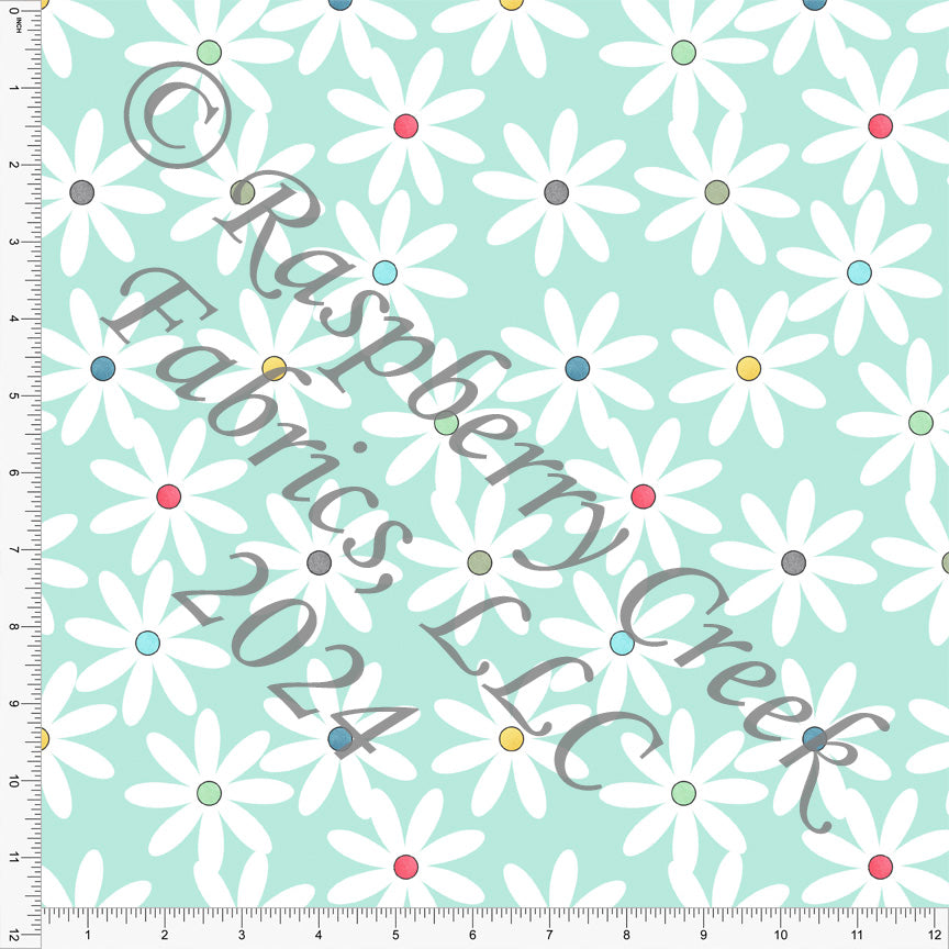 Mint White Yellow Salmon and Grey Daisy Print Fabric, Book Worm by Krystal Winn Design for Club Fabrics