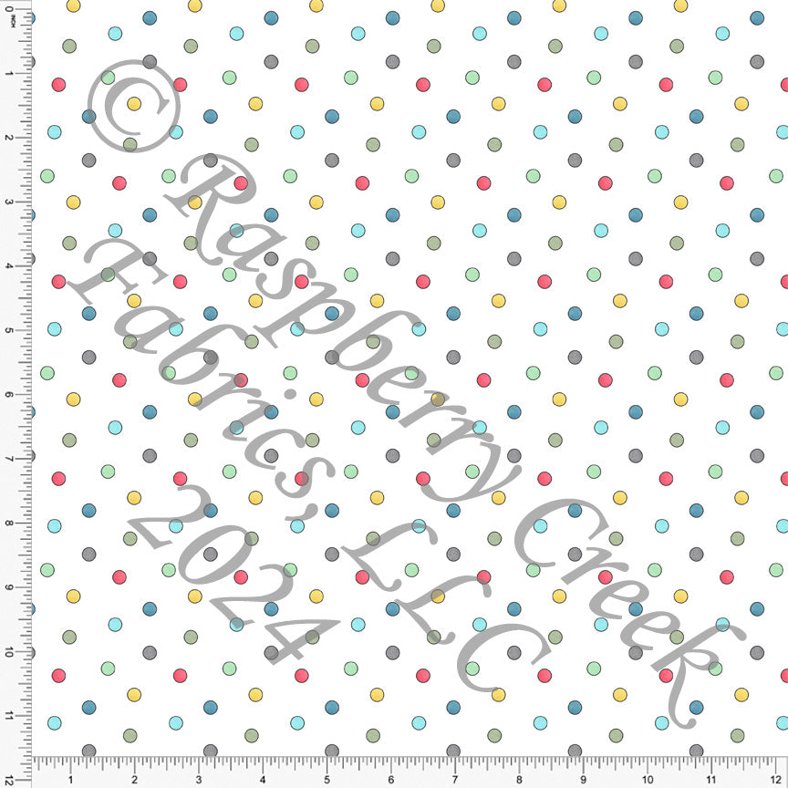 Mint Yellow Blue Salmon and White Polka Dot Print Fabric, Book Worm by Krystal Winn Design for Club Fabrics