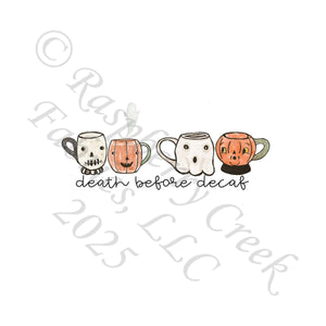 Death Before Decaf Orange Charcoal Olive Panel Black Cats & Coffee by Bri Powell Halloween 2025 CLUB Fabrics