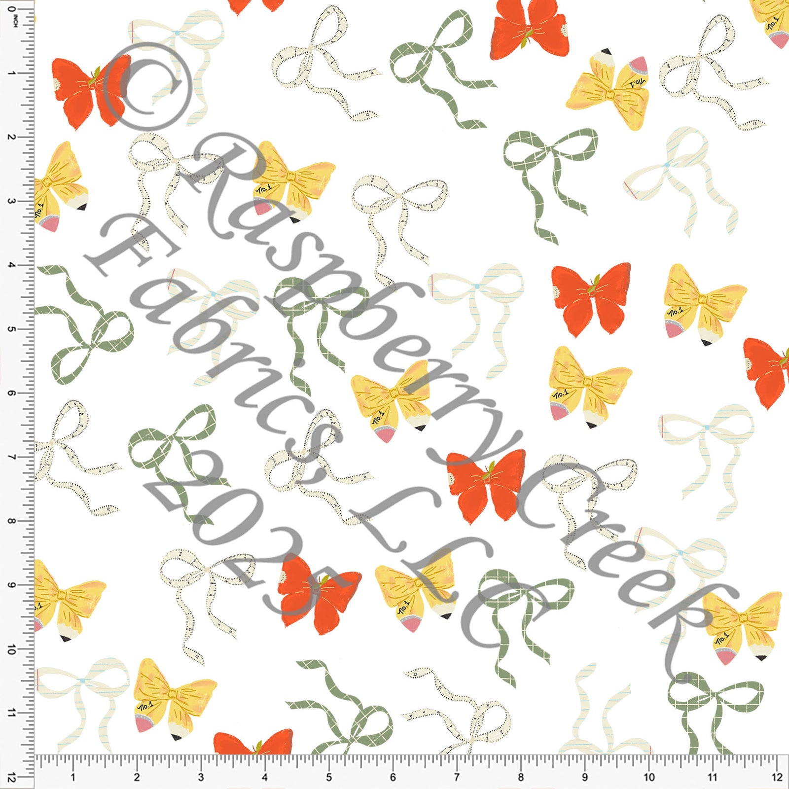 Mustard Rust Sage and Cream School Butterfly Bow Print Fabric, Bookish By Bri Powell for CLUB Fabrics