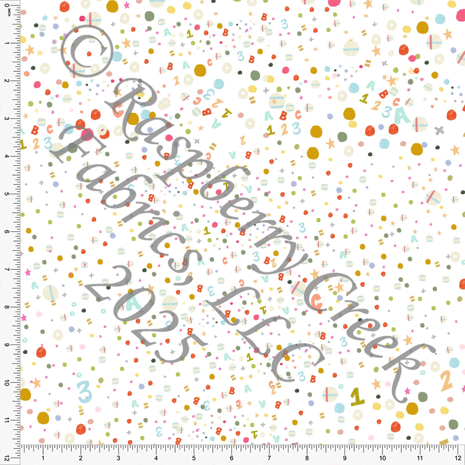 Mustard Light Blue Salmon Sage and Rust Alphabet Number Print Fabric, Bookish By Bri Powell for CLUB Fabrics