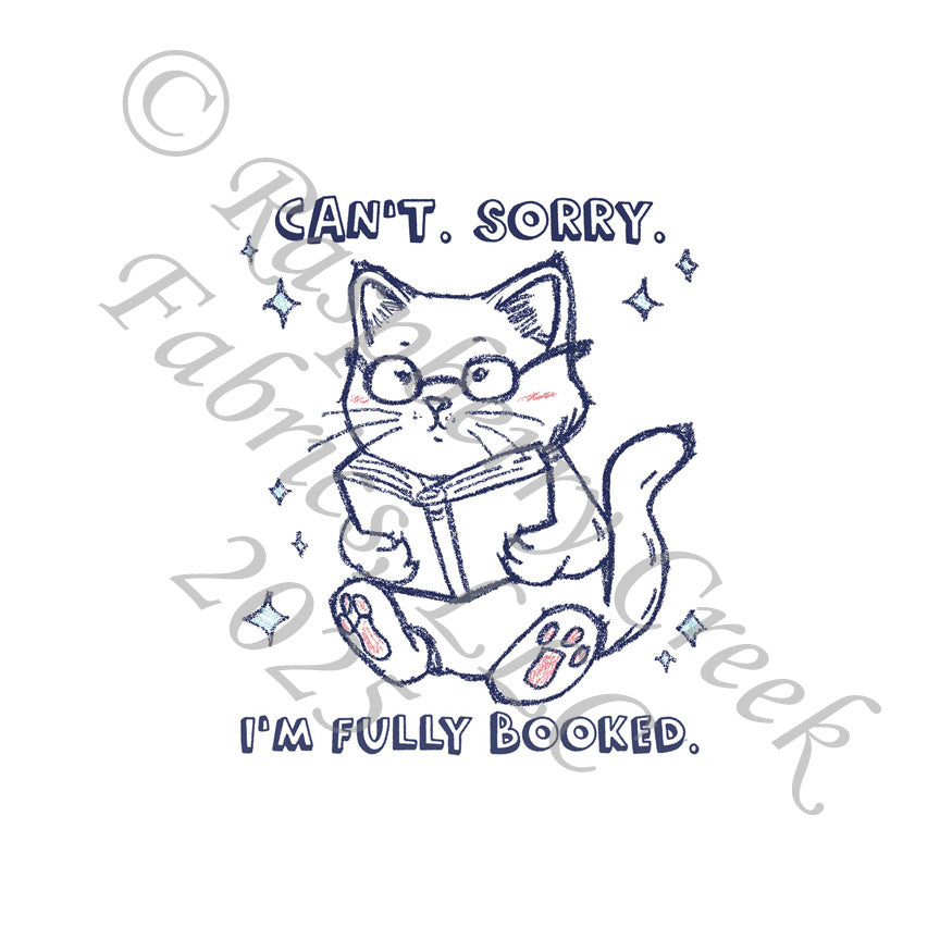 Navy Blue and Mauve Reading Cat Can't Sorry I'm Fully Booked Panel, Bookish By Bri Powell for CLUB Fabrics