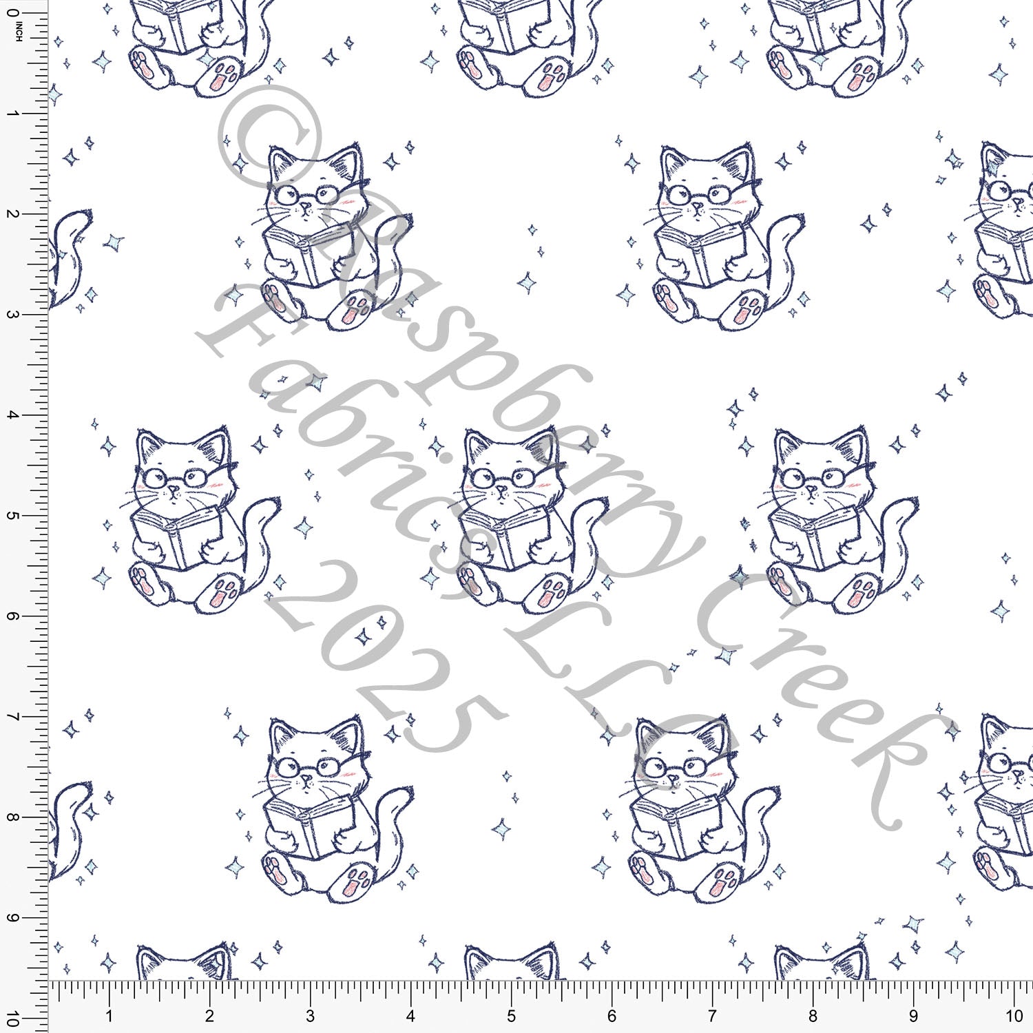 Navy Blue and Mauve Fully Booked Cat Reading Print Fabric, Bookish By Bri Powell for CLUB Fabrics