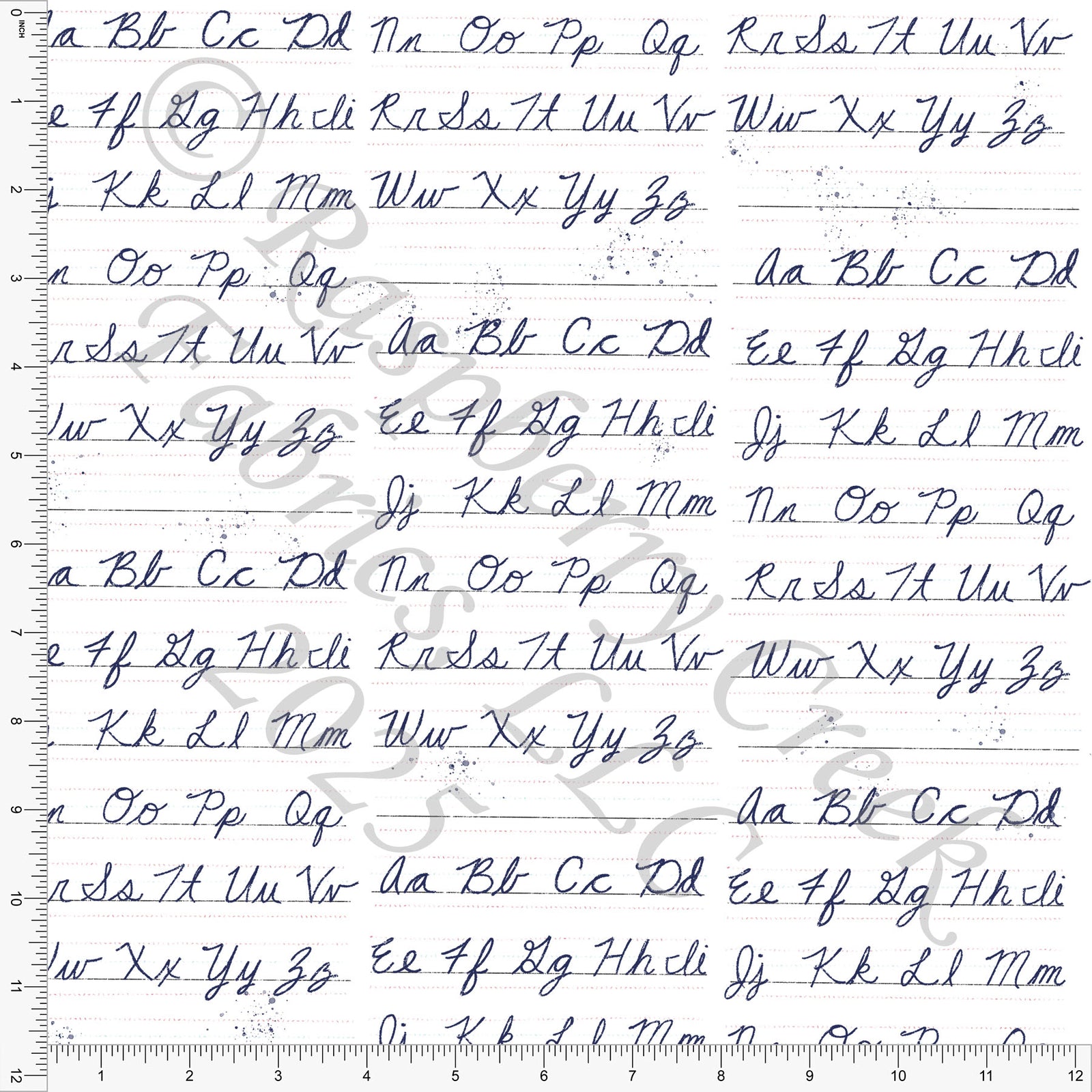 Navy Blue and White Ink Splatter Alphabet Cursive Practice Print Fabric, Bookish By Bri Powell for CLUB Fabrics