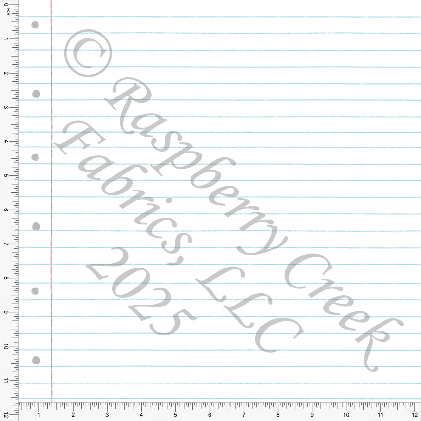 Light Blue Red Grey and White Notebook Paper Print Fabric, Bookish By Bri Powell for CLUB Fabrics
