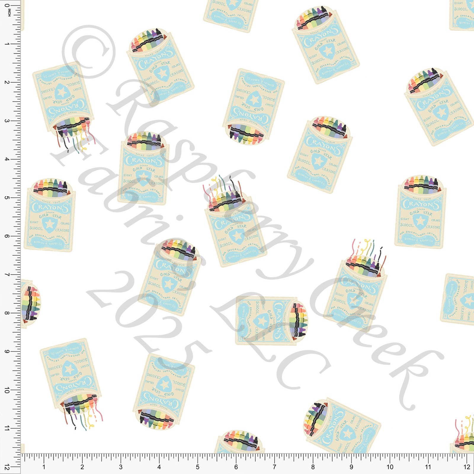 Cream Light Blue Orange Red Green and Yellow Vintage Crayon Box Print Fabric, Bookish By Bri Powell for CLUB Fabrics