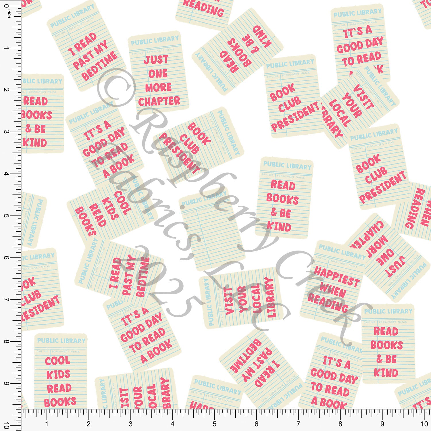 Cream Salmon and Light Blue Vintage Library Card Print Fabric, Bookish By Bri Powell for CLUB Fabrics
