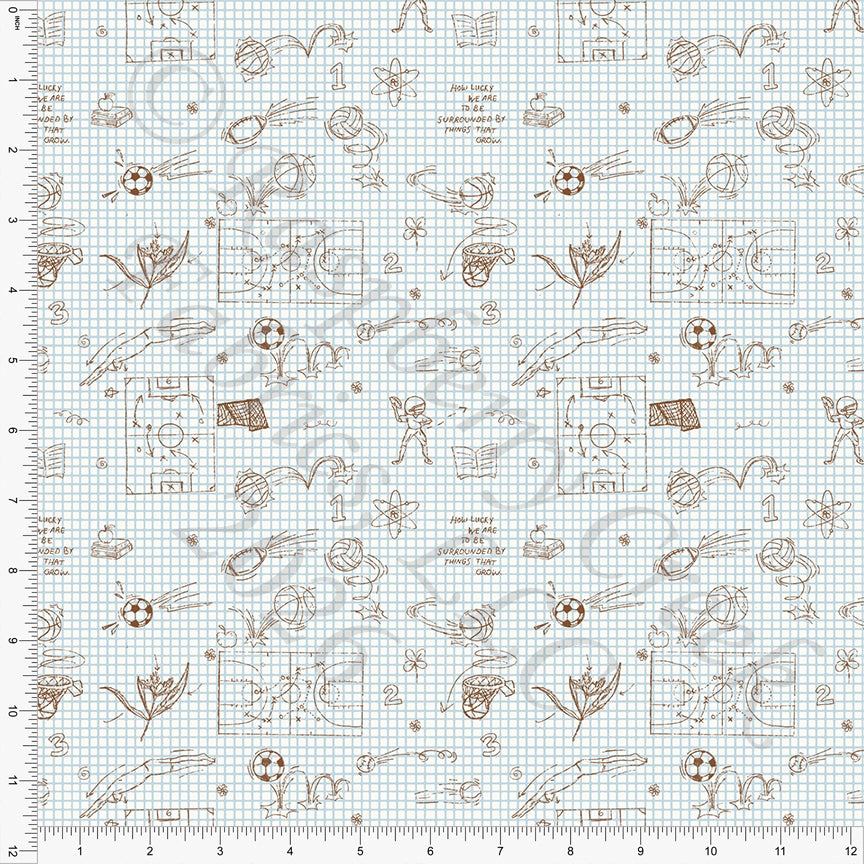 Light Blue Brown Field Note Sketches, Field Notes by Bri Powell for CLUB Fabrics