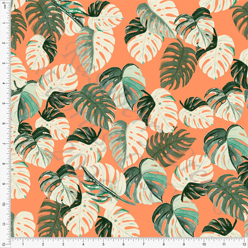 Orange Tonal Green Tropical Monstera Leaves, Florida by Bri Powell for CLUB Fabrics