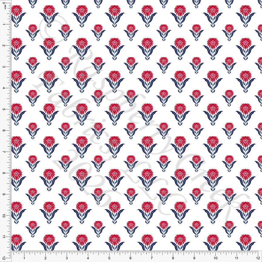 Red Navy Medium Blue Block Print Floral, Star Spangled by Bri Powell for CLUB Fabrics