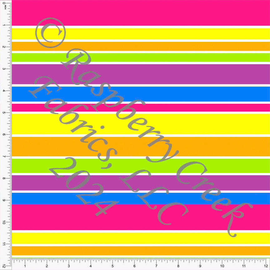 Bright Green Lipstick Pink Neon Yellow Orange and Blue Multi Stripe Print Fabric, Bright by Brittney Laidlaw for Club Fabrics
