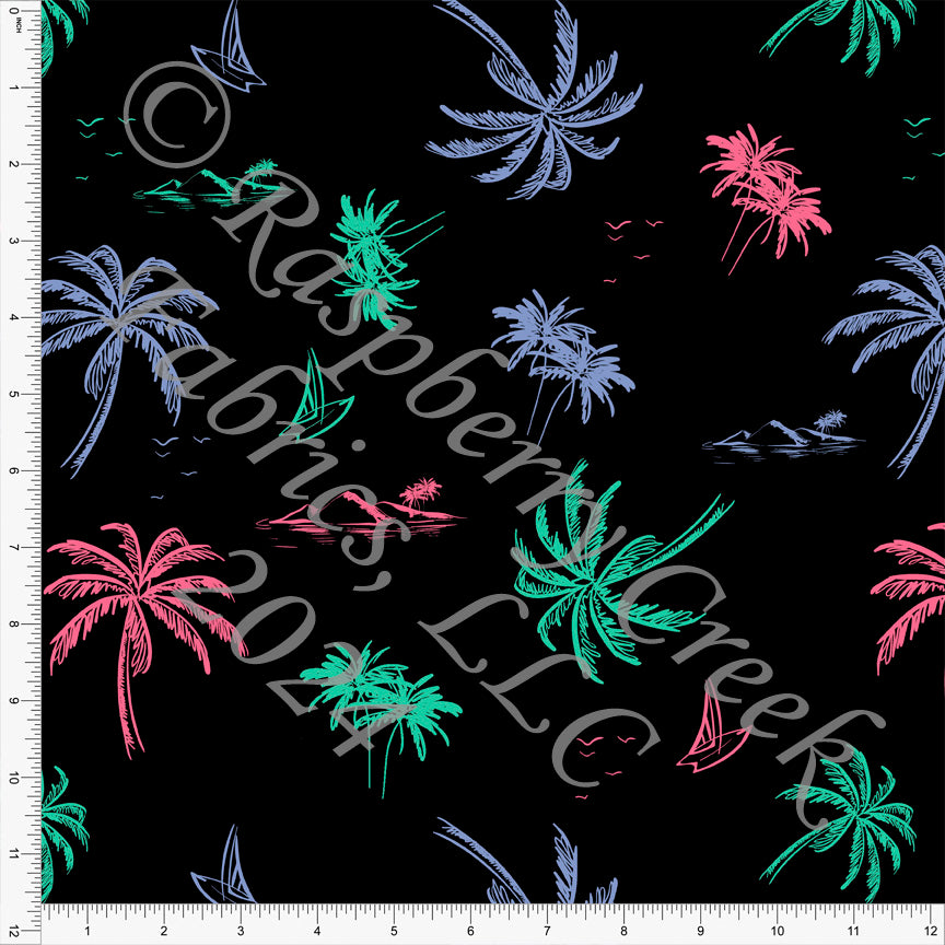 Black Seafoam Pink and Periwinkle Palm Tree Floral Print Fabric, Bright Doodles CLUB Fabrics
