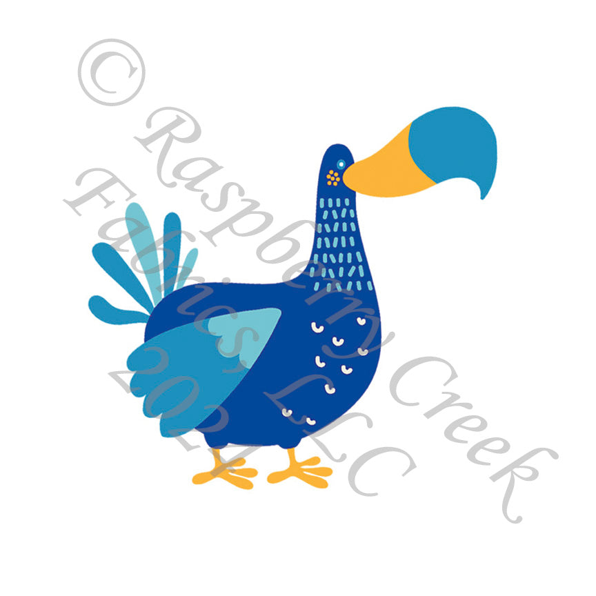 Tonal Blue and Goldenrod Dodo Bird Panel, Bright Summer for CLUB Fabrics