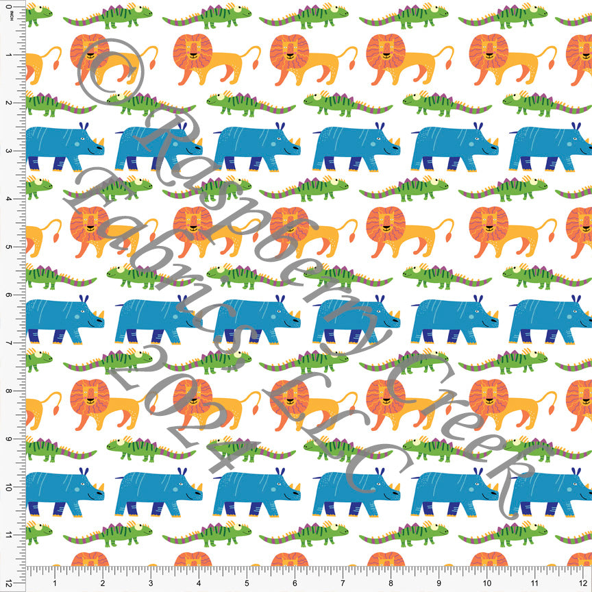 Azure Green Orange and Goldenrod Lion Iguana and Rhinoceros Animal Print Fabric, Bright Summer for CLUB Fabrics