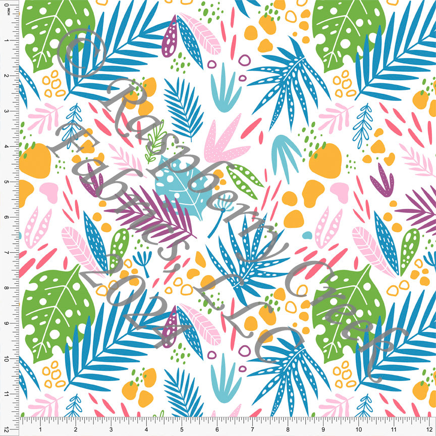 Azure Green Goldenrod Light Pink Salmon and Purple Tropical Leaf Print Fabric, Bright Summer for CLUB Fabrics