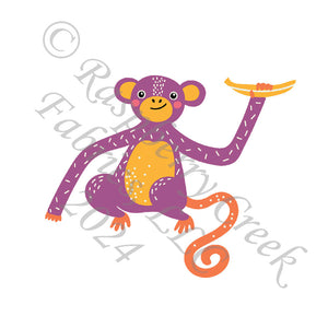 Purple Orange and Goldenrod Monkey Panel, Bright Summer for CLUB Fabrics