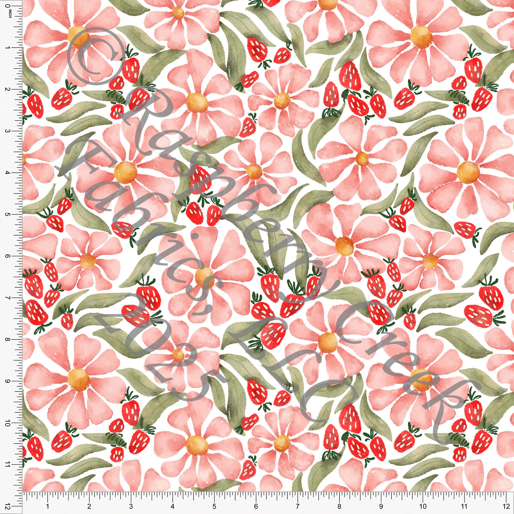 Light Coral Red Tonal Green Strawberry Watercolor Floral Fabric, 2026 Florals by Brittney Laidlaw for CLUB Fabrics