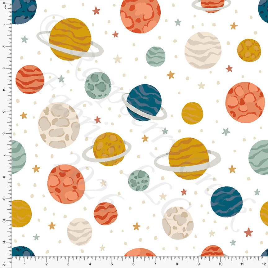 Teal Mustard Rust Khaki Planets, Space 2026 by Britney Laidlaw for CLUB Fabrics 