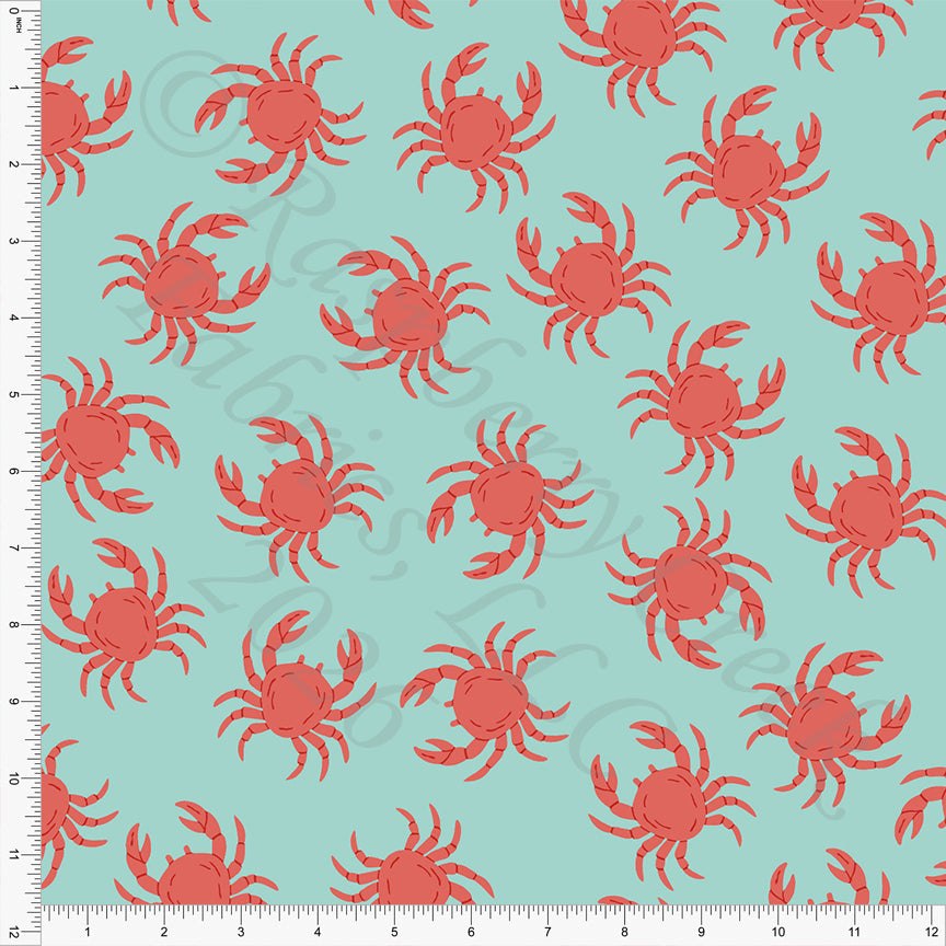Seafoam Light Mint Tonal Red Crabs Fabric, Beachy by Brittney Laidlaw for CLUB Fabrics