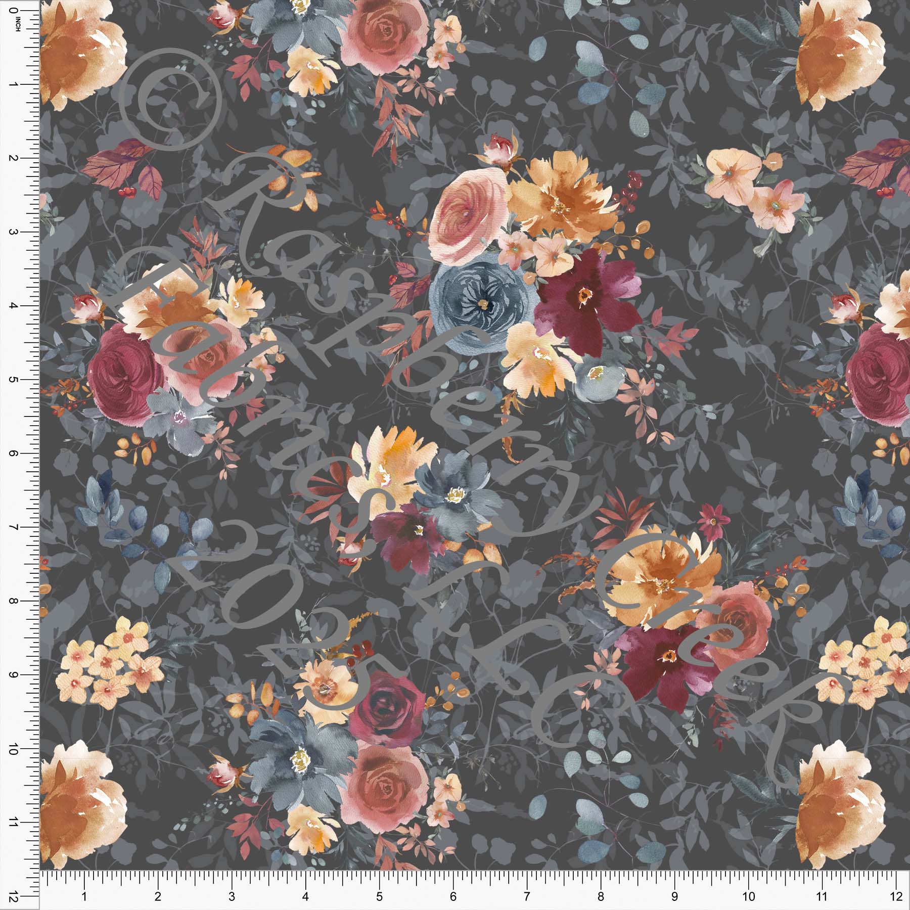 Watercolor Floral Burgundy Steel Blue Rust Dark Grey Fall Floral 2025 by Brittney Laidlaw Fall 2025 CLUB Fabrics