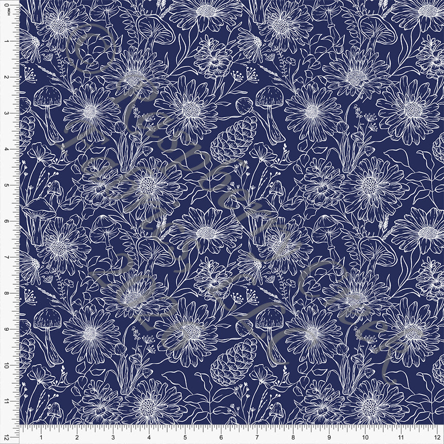 Navy Negative Line Drawn Floral, Fall Florals by Brittney Laidlaw for CLUB Fabrics