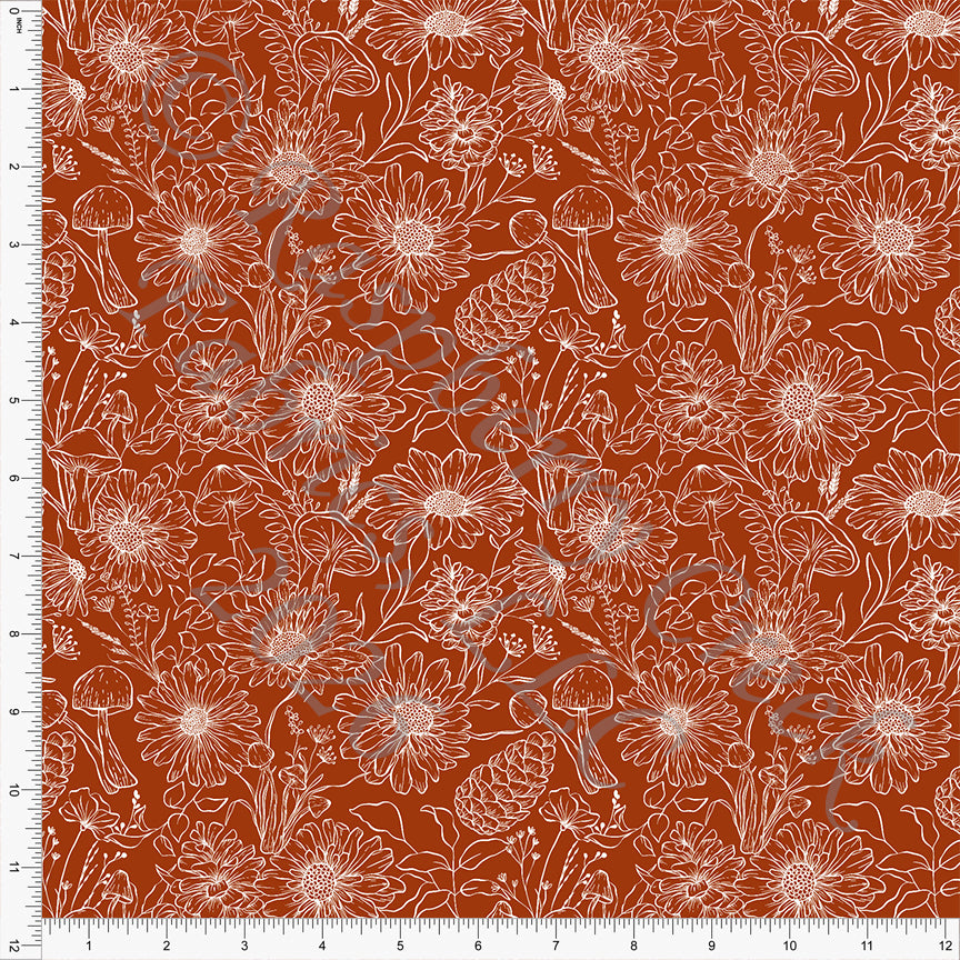 Rust Negative Line Drawn Floral, Fall Florals by Brittney Laidlaw for CLUB Fabrics