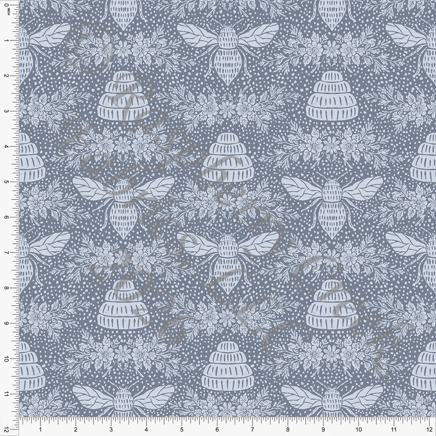 Tonal Dusty Blue Bee and Hive Damask Floral, Fall Florals by Brittney Laidlaw for CLUB Fabrics