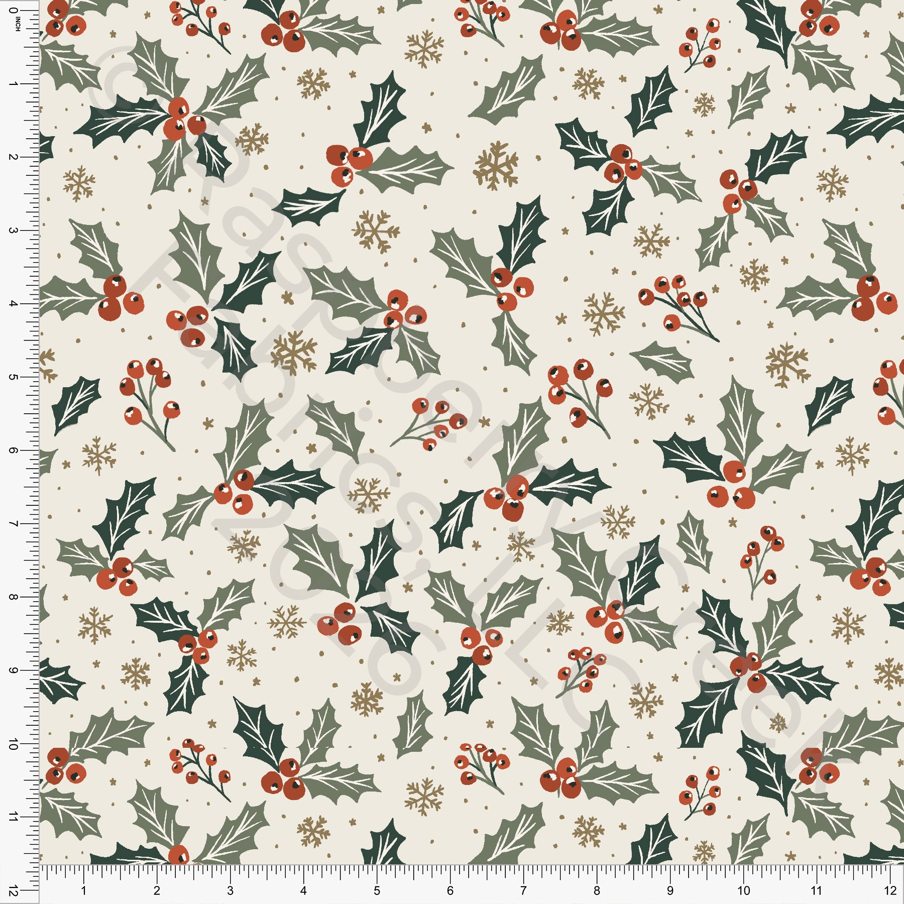 Cream Hunter Green Deep Sage Rust Christmas Holly, Woodland Noel by Brittney Laidlaw for CLUB Fabrics