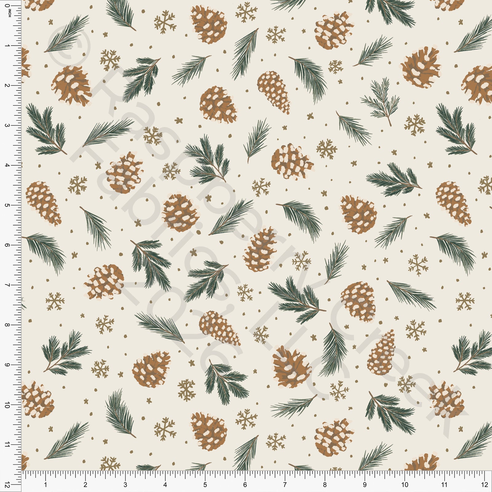 Cream Hunter Tonal Khaki Pines and Cones, Woodland Noel by Brittney Laidlaw for CLUB Fabrics