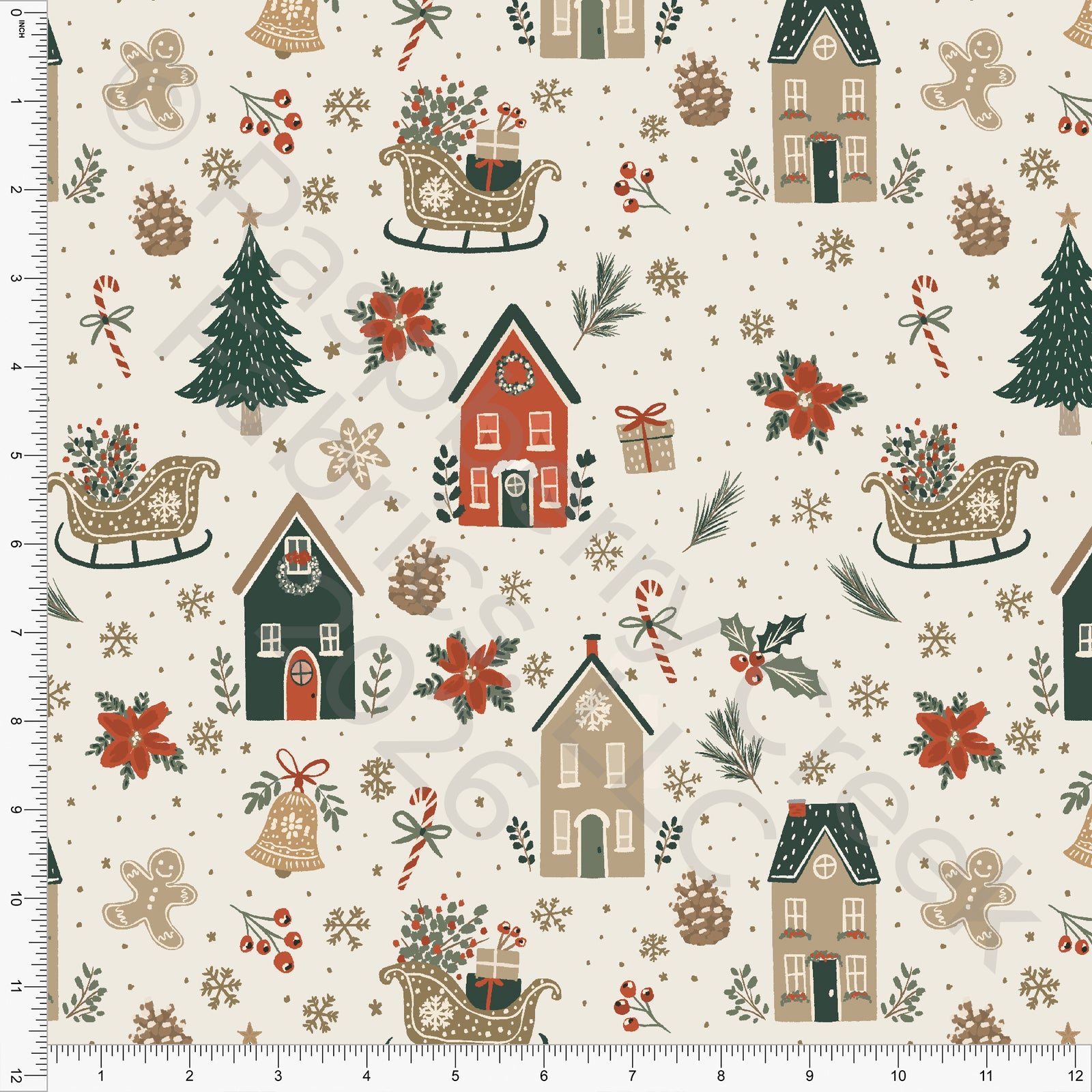 Cream Khaki Hunter Green Rust Dusty Gold Christmas VIllage, Woodland Noel by Brittney Laidlaw for CLUB Fabrics