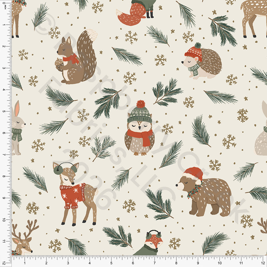 Cream Tonal Khaki Hunter Green Rust Cozy Winter Animals, Woodland Noel by Brittney Laidlaw for CLUB Fabrics